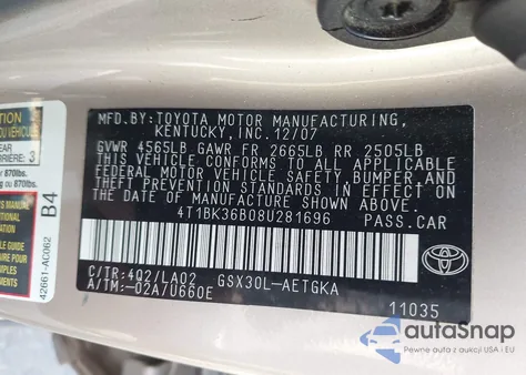 2008 Toyota Avalon Xls from USA, damaged, VIN 4T1BK36B08U281696